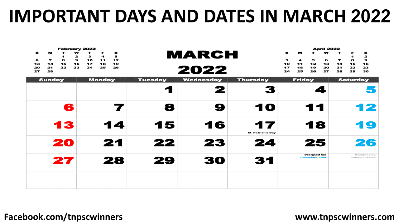 IMPORTANT DAYS AND DATES IN MARCH 2022