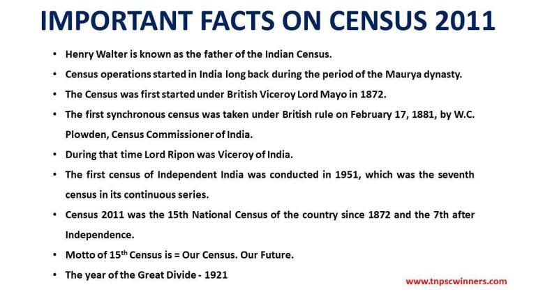 IMPORTANT FACTS ON CENSUS 2011