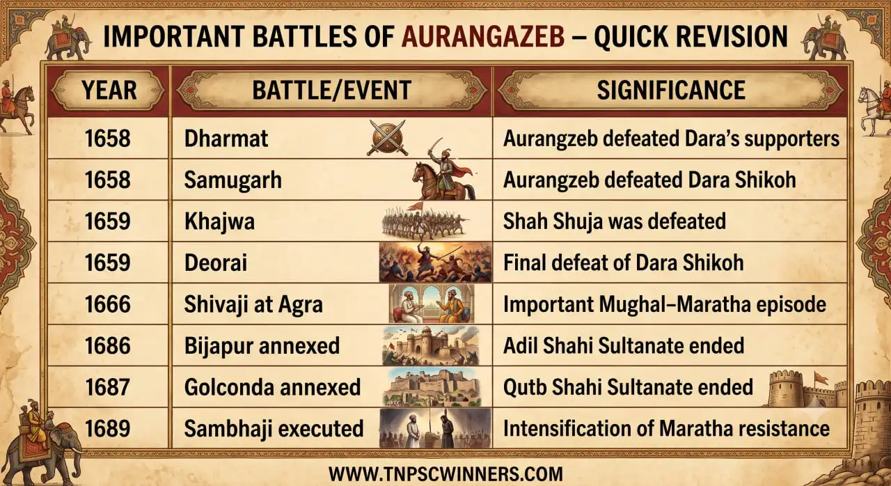 Aurangzeb – Biography, Policies & Important Facts 3 Important Battles of Aurangazeb