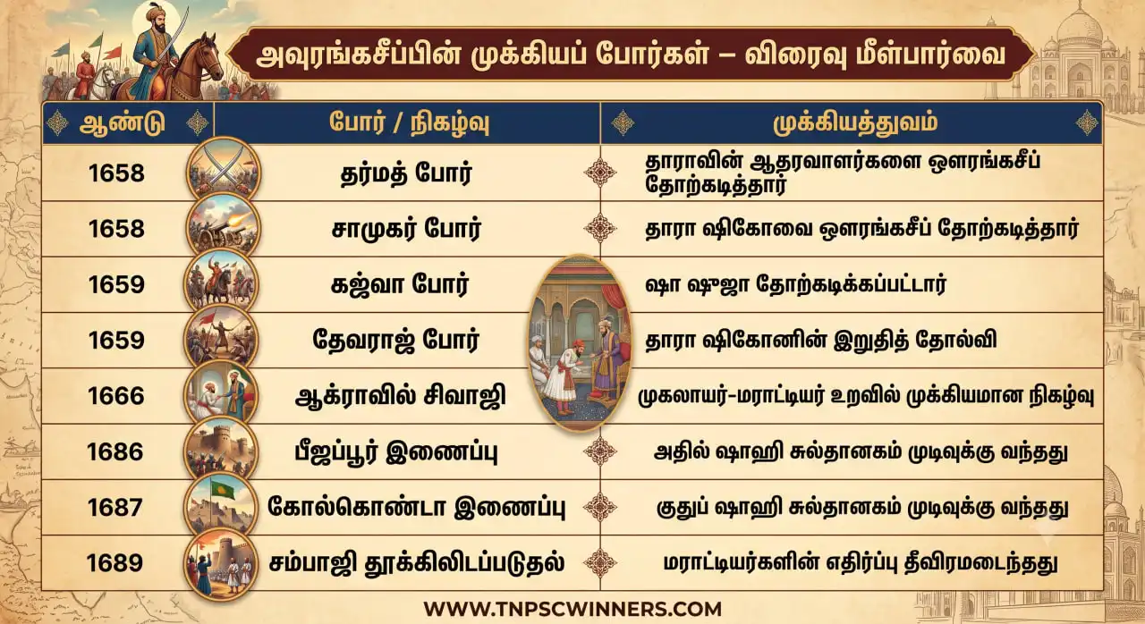 ஔரங்கசீப் – வாழ்க்கை வரலாறு, கொள்கைகள் & உண்மைகள் 3 அவுரங்கசீப்பின் முக்கியப் போர்கள்